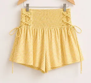 Rays For Days Summer Yellow And White Smocked Gingham Lace Up Tie Side Shorts thumbnail 1