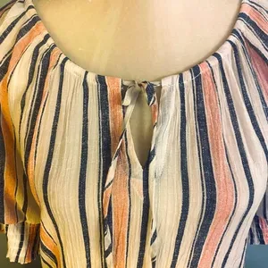 Ruffled Navy & Pink Striped Puff Sleeve Top with Tie Front thumbnail 1