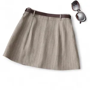 High Waist Shorts Striped Fabric Khaki Skirt Pants skort thumbnail 2