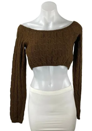 NEW NA-KD Brown Off The Shoulder Cable Knit Long Sleeve Crop Top Sweater Size S thumbnail 1