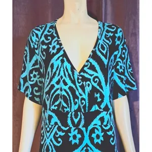 NWT Karalin Maxi Dress Women Sz 14W Teal/Black‎ Aztec Print Banded Waist y2k thumbnail 5