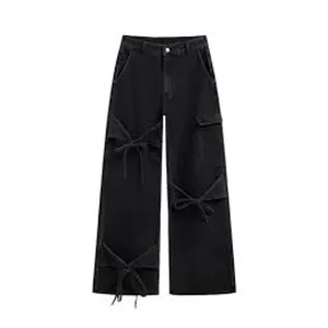 CIDER Baggy Wide Leg Jeans w Tie Details High Rise Black Size Large L Cargo Y2K thumbnail 2