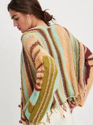 Free People Baja Cardi Sweater Cardigan Fringe Striped Button Front Size XS thumbnail 4