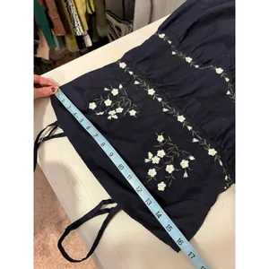 Navy Blue Floral Embroidered Folk Tiered Midi Dress Size Small 100% Cotton thumbnail 9