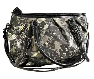Floral Plaid Check Satchel Bag‎ Black White Patent Trim Purse Tote Crossbody thumbnail 1