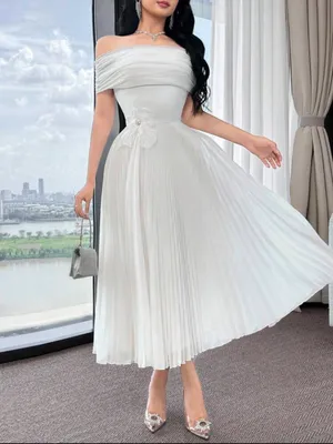 Off-Shoulder White Midi Dress with Pleated Skirt thumbnail 3