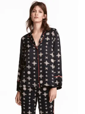 H&M Patterned Pajama Shirt - Black/Tan Satin Top Blouse - Size 12 thumbnail 2