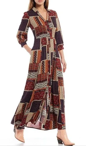 Skies are Blue Womens Dress Size XS Button Front Patchwork Maxi‎ Prairie Hippie thumbnail 1