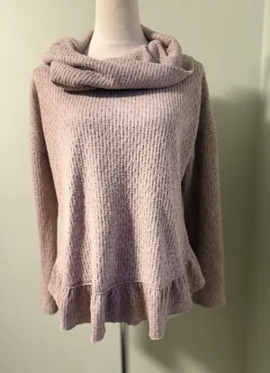 Maeve by Anthropologie Cowl Neck Cozy Ruffle Knit Tan‎ Boho Sweater Size Small thumbnail 1