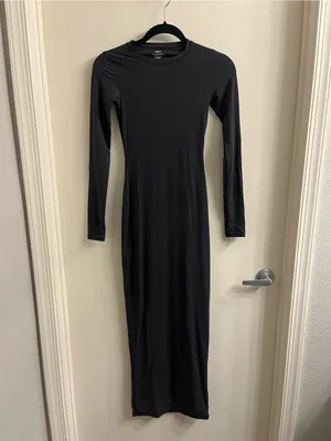 Skims Fits Everybody Crewneck Long Sleeve Maxi Dress Onyx Black Size XS thumbnail 4
