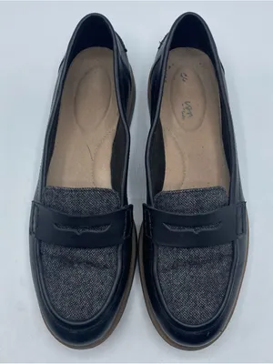 Clarks Raisie Aletta Black Leather Gray Tweed Slip-On Penny Loafers 7M Cushion thumbnail 6