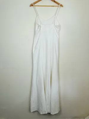 Fame and Partners white lace trim spaghetti strap slip cut gown front slit 8 thumbnail 7