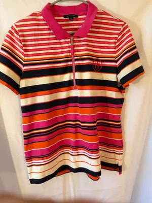 Tommy Hilfiger Pink, Orange, Black & White Striped Zip Polo thumbnail 1