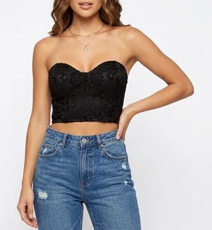 Naked Wardrobe Black Lace Bustier Crop Top Strapless Sweetheart Small thumbnail 1