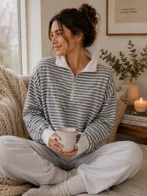 J.Crew Striped 1/4 Zip Sweatshirt Gray White Fleece Nautical Preppy Cozy Size M thumbnail 1