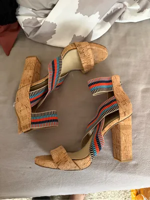 Jessica Simpson Cork Wedge Sandals with Blue, Red, Black Straps thumbnail 2