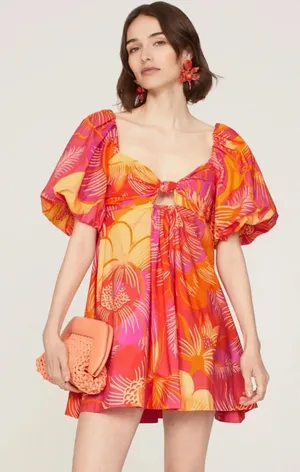 Farm Rio Summer Garden Mini Dress Tropical Vibrant Pink thumbnail 1