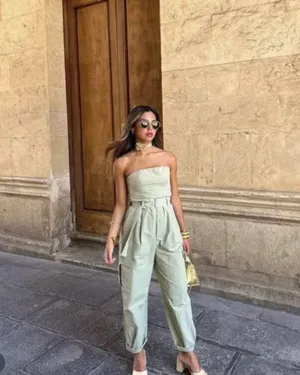 ZARA jumpsuit technical fabric cargo sleeveless wide streight leg light khaki thumbnail 2