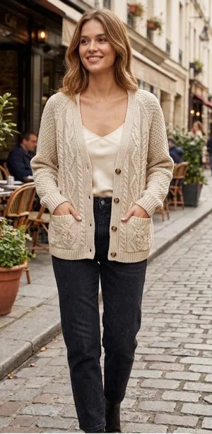 Urban Outfitters BDG Grandpa Chunky Cardigan Cream Size L Coastal Quiet Luxury thumbnail 1
