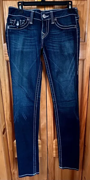 True Religion Dark Wash Jeans Womens Sz28 Dark Wash Big T White Stitching Skinny thumbnail 1