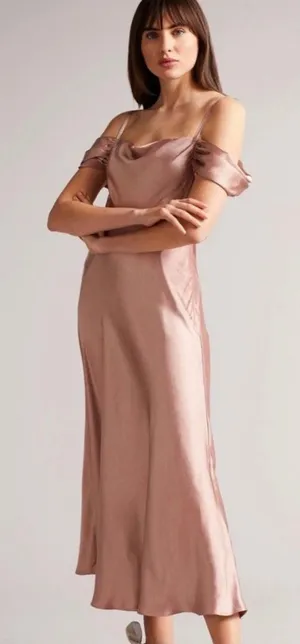 Ted Baker Esta Blush Pink Satin Cowl Cold Shoulder Midi Dress Size 0 thumbnail 1
