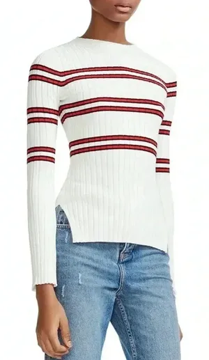 Maje‎ Manuel Ribbed Knit Womens High Neck Side Vent Striped Sweater Size 6 thumbnail 1