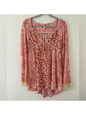 Free People Odette Printed Tunic Top Pink Pedal Combo size medium thumbnail 4