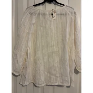 World Market Blouse Boho Cream‎ Gold Metallic Pinstripe Peplum L/XL NWT thumbnail 8