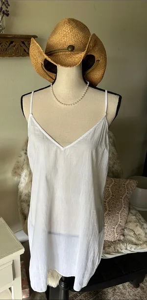 Frame White v neck 100% Cotton sheer lingerie pj Slip Dress L thumbnail 1