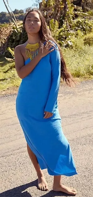 Free People Beach Bright Blue Long Sleeve One Shoulder Evangeline Midi Dress thumbnail 1
