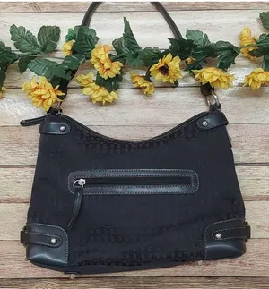 Gianni Bini Black Baguette Signature Print Leather Accent Shoulder Bag Purse thumbnail 1