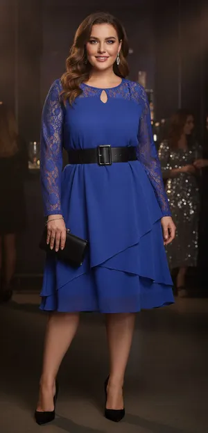 Royal Blue Sheer Chiffon Tunic Dress Size 5XL – Lace Sleeve Layered Hem thumbnail 1