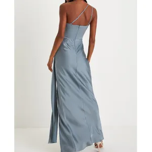 NEW Lulus Signature Elegance Slate Blue Satin One-Shoulder Pleated Maxi Dress 1X thumbnail 5