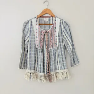 Knox Rose Cardigan Top M Cotton Boho Embroidered Fringe Blue Cream Peasant thumbnail 9