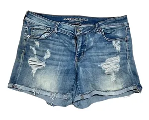 American Eagle Women's Midi Jean Shorts Blue Distressed Size 16 thumbnail 1