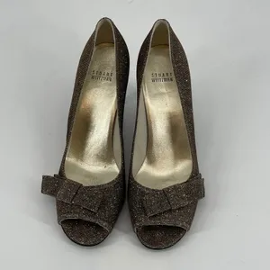Stuart Weitzman Bronze Sparkle Peep Toe Bow Heels Evening Party‎ Shoes Formal thumbnail 3