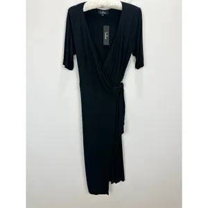 Lulus Forget Me Knot Black Midi Wrap Dress Stretch Jersey Knit Casual Medium NWT thumbnail 7