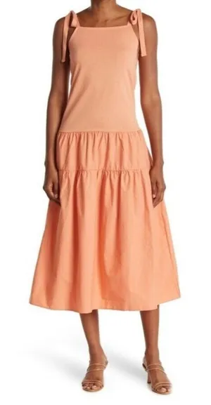 TOPSHOP Dress Size 2 Tiered Poplin Midi Peach Orange Casual Summer Ties NWT thumbnail 1