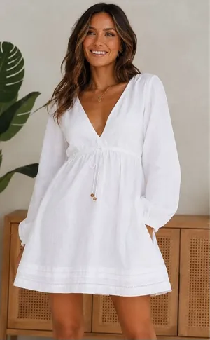 Zara NWT $59 Bright White 52% Linen Blend Womans M Vneck Tunic Mini Dress Size M thumbnail 1