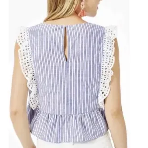 Lilly Pulitzer Ellis Blue Thistle Babydoll Peplum Ruffle Eyelet Stripe Top S thumbnail 2