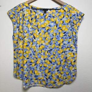 Ann Taylor Women Linen Top Small Blue Yellow Lemon Fruit Blouson‎ Gasset Resort thumbnail 3