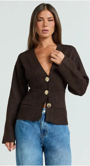 NWT Showpo Nerissa Cardigan Size 2 Brown Cinched Waist Puff Sleeve Wool Contour thumbnail 1