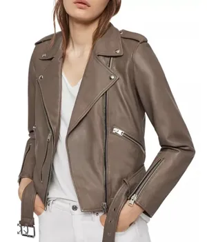 AllSaints Balfern Leather Biker‎ Jacket Women's Size 0 Taupe Moto Fall Edgy thumbnail 1