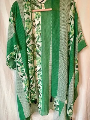 Kimono Cover Up - Open Cardigan ~ One Size ~ Green White Floral ~ Tassel Trim thumbnail 6