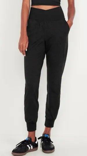 Old Navy High-Waisted Cloud Comfy Joggers Fleece lined Black Cross Waist Size L thumbnail 1