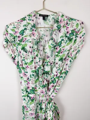 Juicy Couture Allover‎ Floral Wrap Dress Ruffle White Green Pink Size 0 thumbnail 3