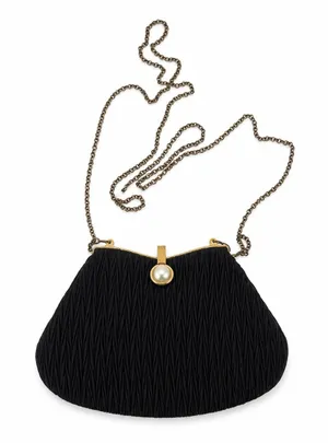 Vintage La Regale Black Pleated Evening Clutch Bag Pearl Clasp Gold Chain Strap thumbnail 1