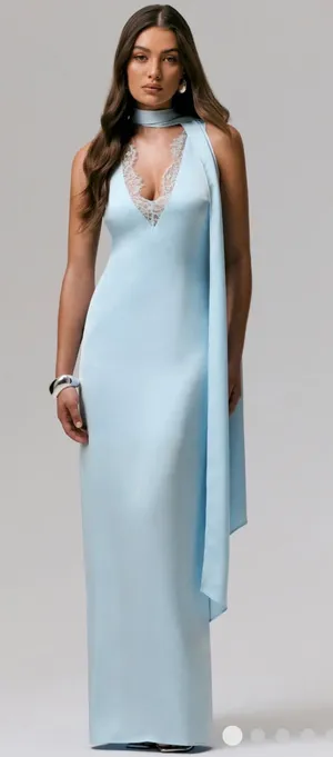 Club L Powder blue satin v-neck maxi slip dress with sash thumbnail 1