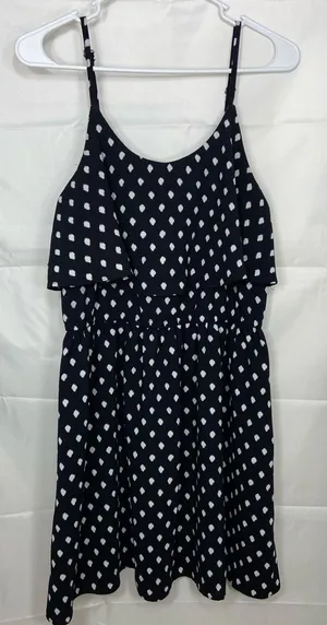ELLE women’s black white polka‎ dotted ruffle mini adjustable strap summer dress thumbnail 1