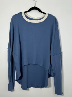 Free People We The Free Waffle Knit High Low Blue Long Sleeve Crop Top Size L thumbnail 2